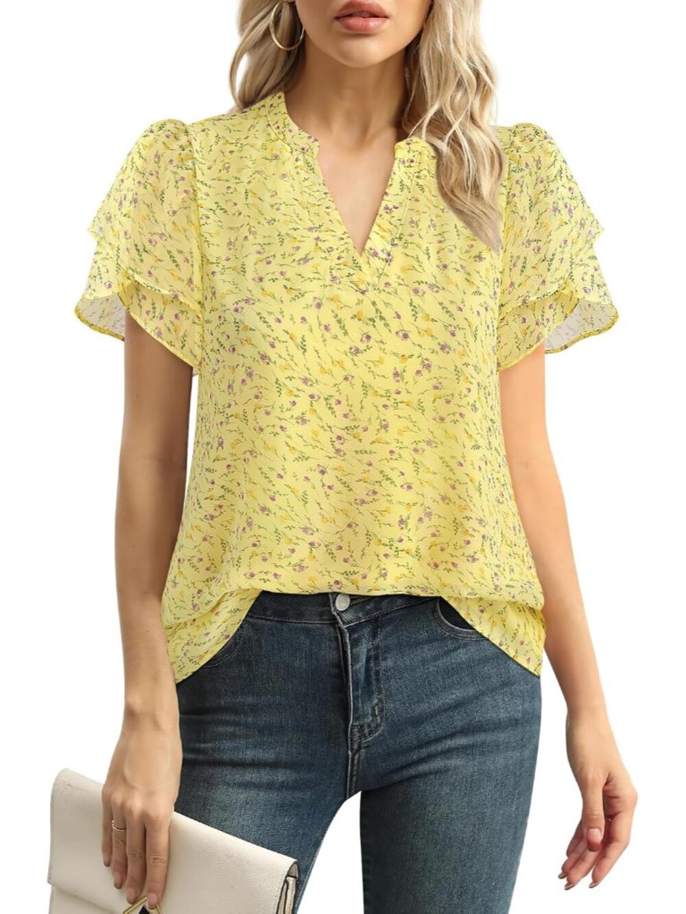 Womens Dressy Chiffon Blouses Summer Puff Petal Short Sleeve Shirts V Neck Casua